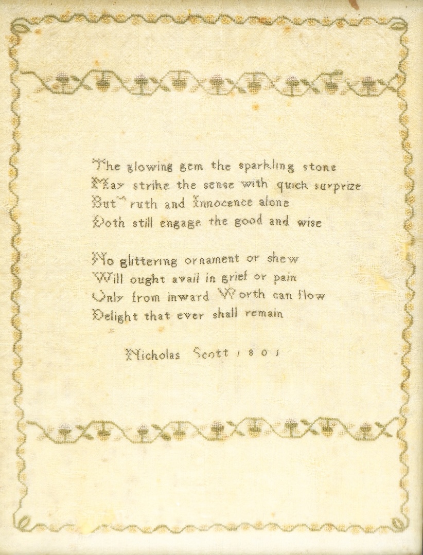 An unusual sampler by Nicholas Scott, dated 1801, framed, 31x24cm